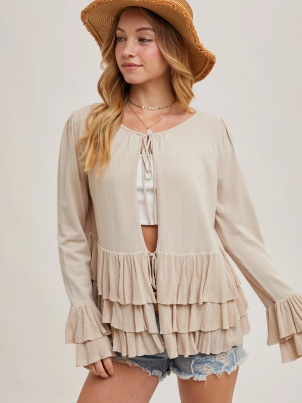118. BLUIVY Ruffled Front Tie Bell Sleeve Cardigan